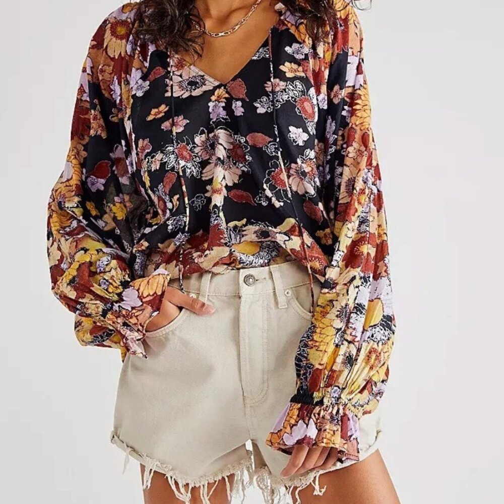 NWT Free People‎ X Kinga Scilla Sz XS 100% Cotton Boho Floral Peasant Top Blouse
